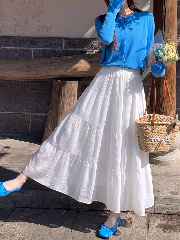 White Tiered Cake Skirt for Women, High Waist A-Line Long Skirt with Elastic Waist, Fresh Sweet Style for Casual and