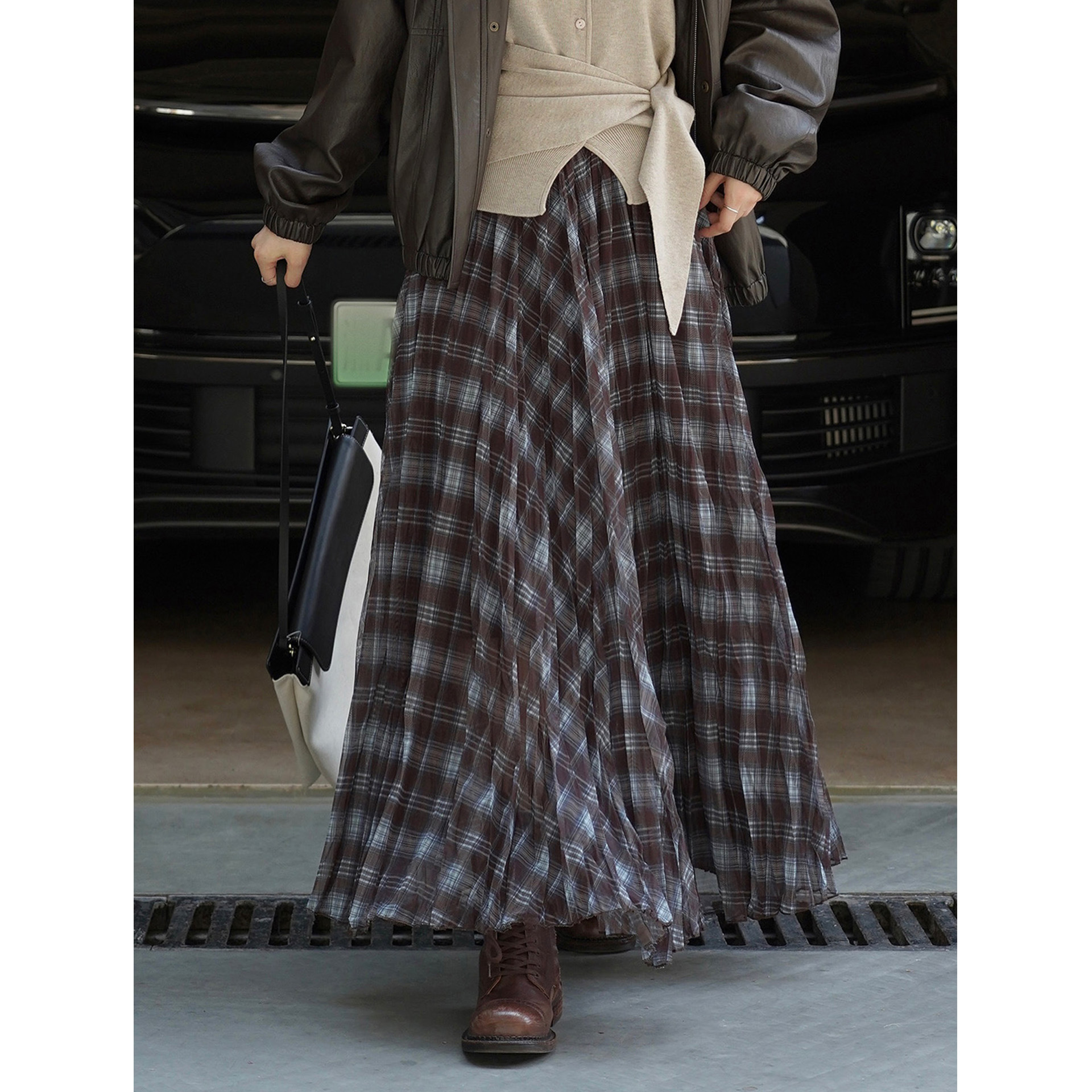 Women's French Vintage Plaid A-Line Long Skirt, Polyester Flared Midi Skirt for Fall