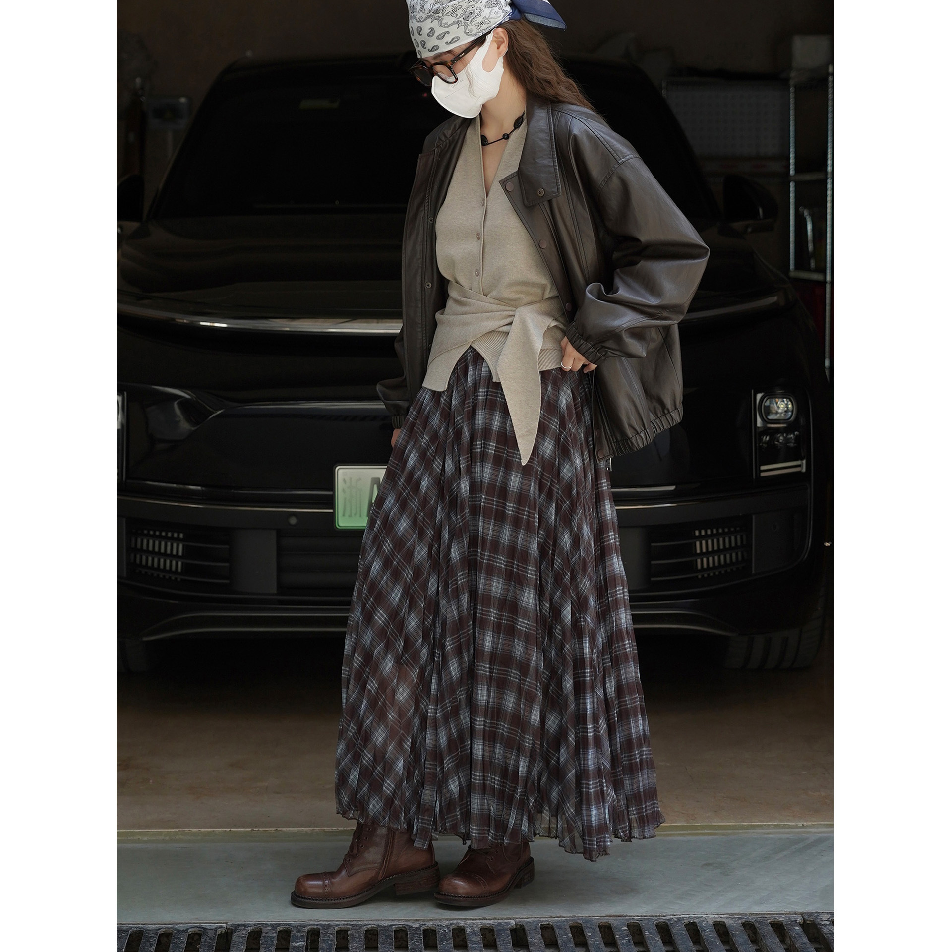Women's French Vintage Plaid A-Line Long Skirt, Polyester Flared Midi Skirt for Fall