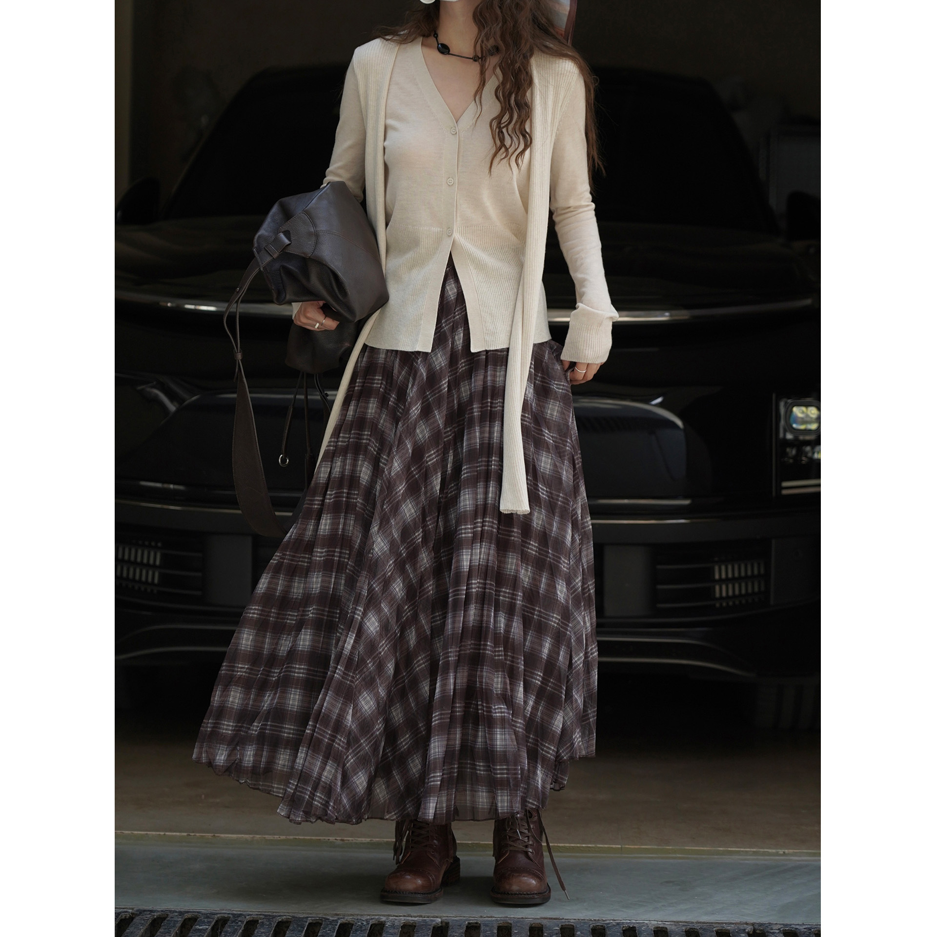 Women's French Vintage Plaid A-Line Long Skirt, Polyester Flared Midi Skirt for Fall