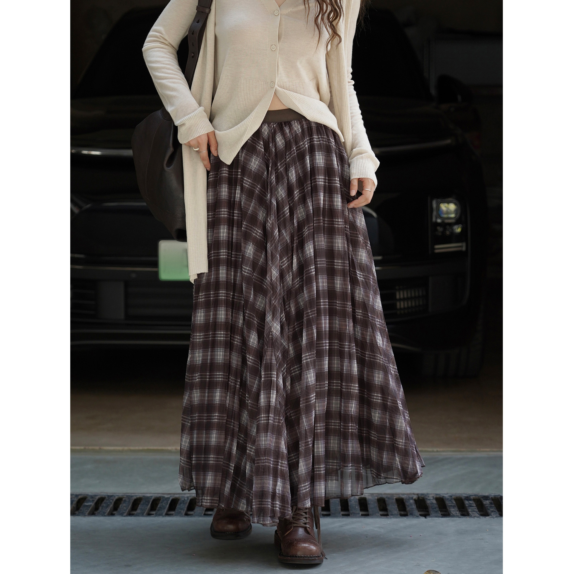 Women's French Vintage Plaid A-Line Long Skirt, Polyester Flared Midi Skirt for Fall