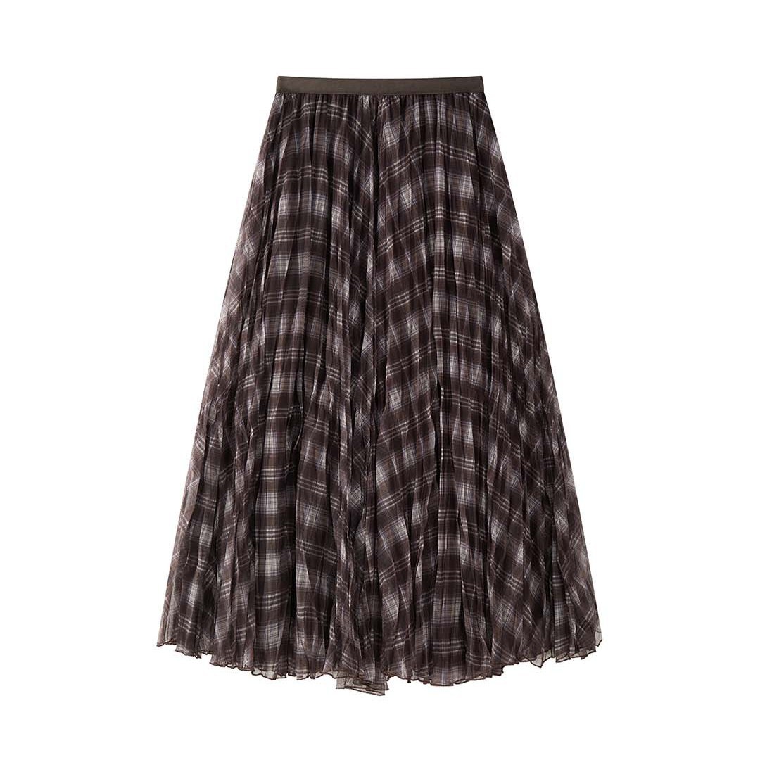 Women's French Vintage Plaid A-Line Long Skirt, Polyester Flared Midi Skirt for Fall