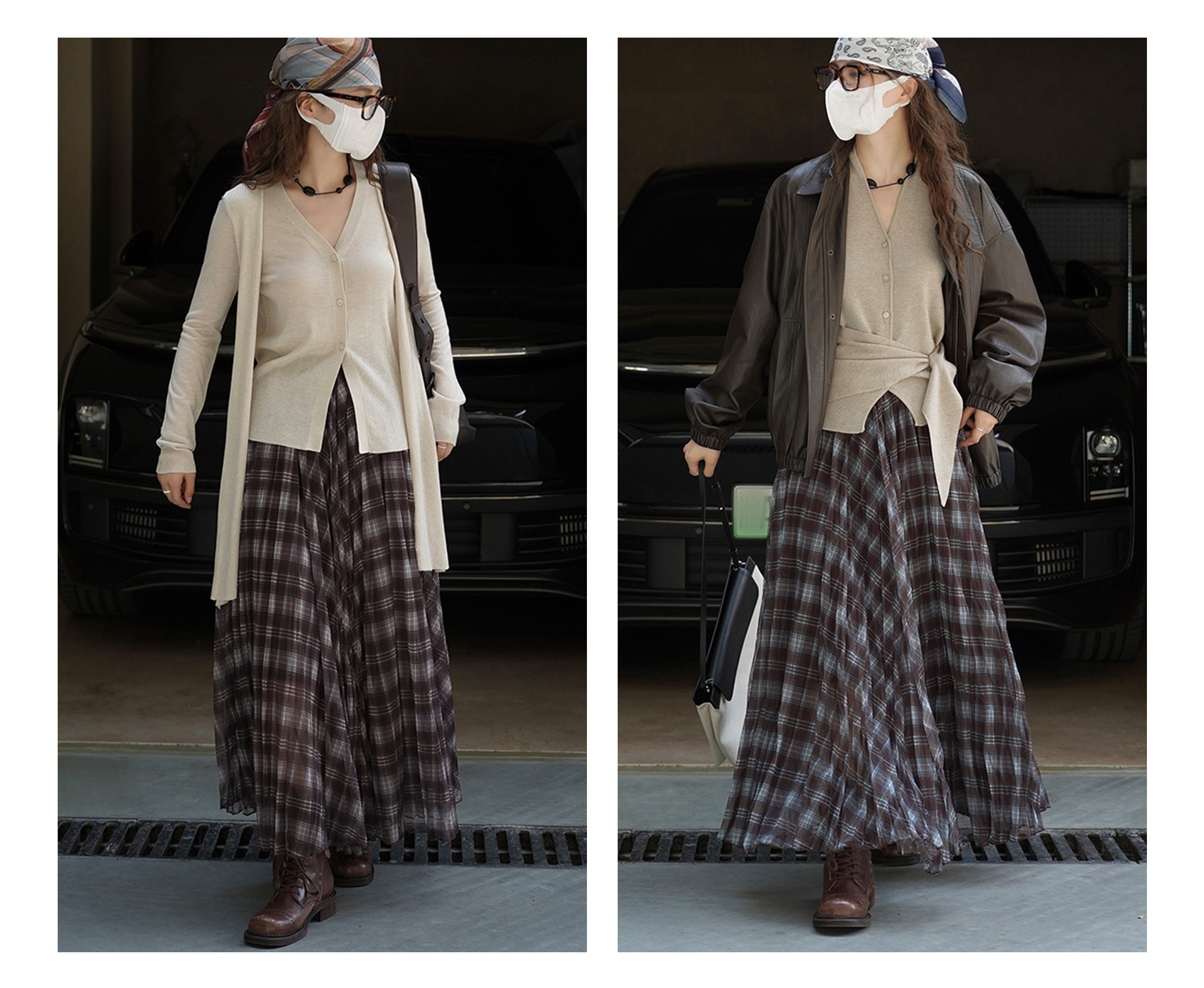 Women's French Vintage Plaid A-Line Long Skirt, Polyester Flared Midi Skirt for Fall