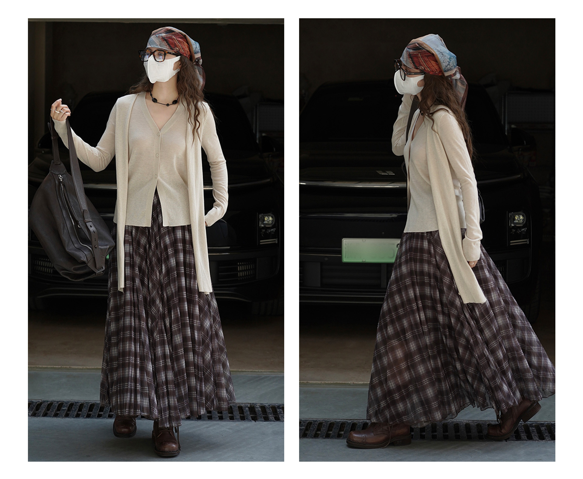 Women's French Vintage Plaid A-Line Long Skirt, Polyester Flared Midi Skirt for Fall