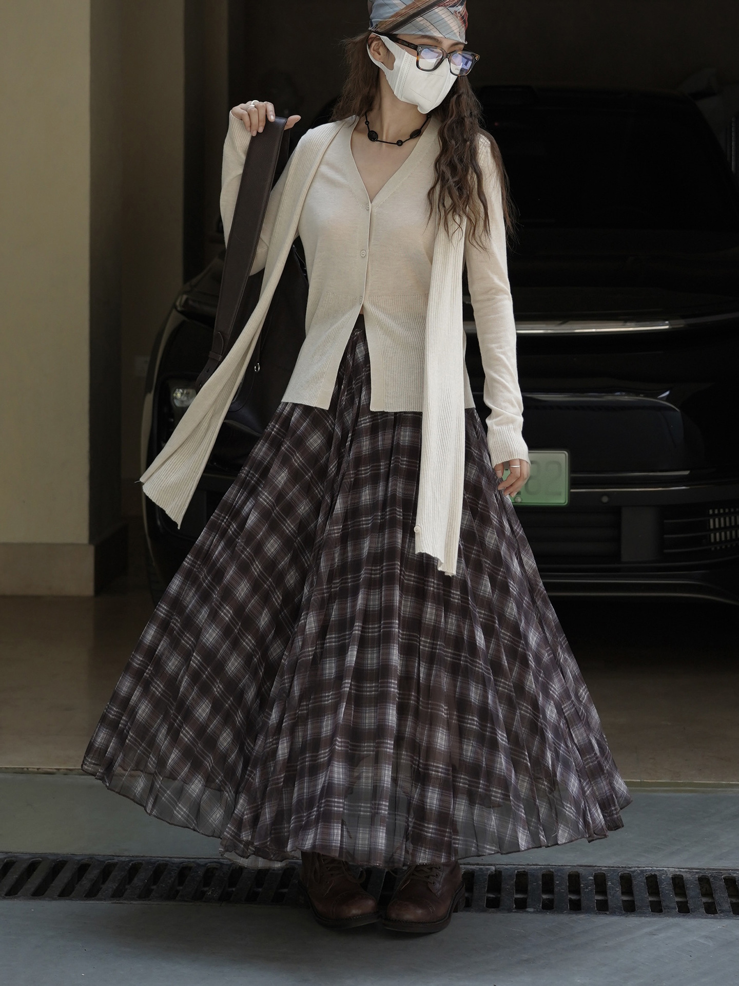 Women's French Vintage Plaid A-Line Long Skirt, Polyester Flared Midi Skirt for Fall