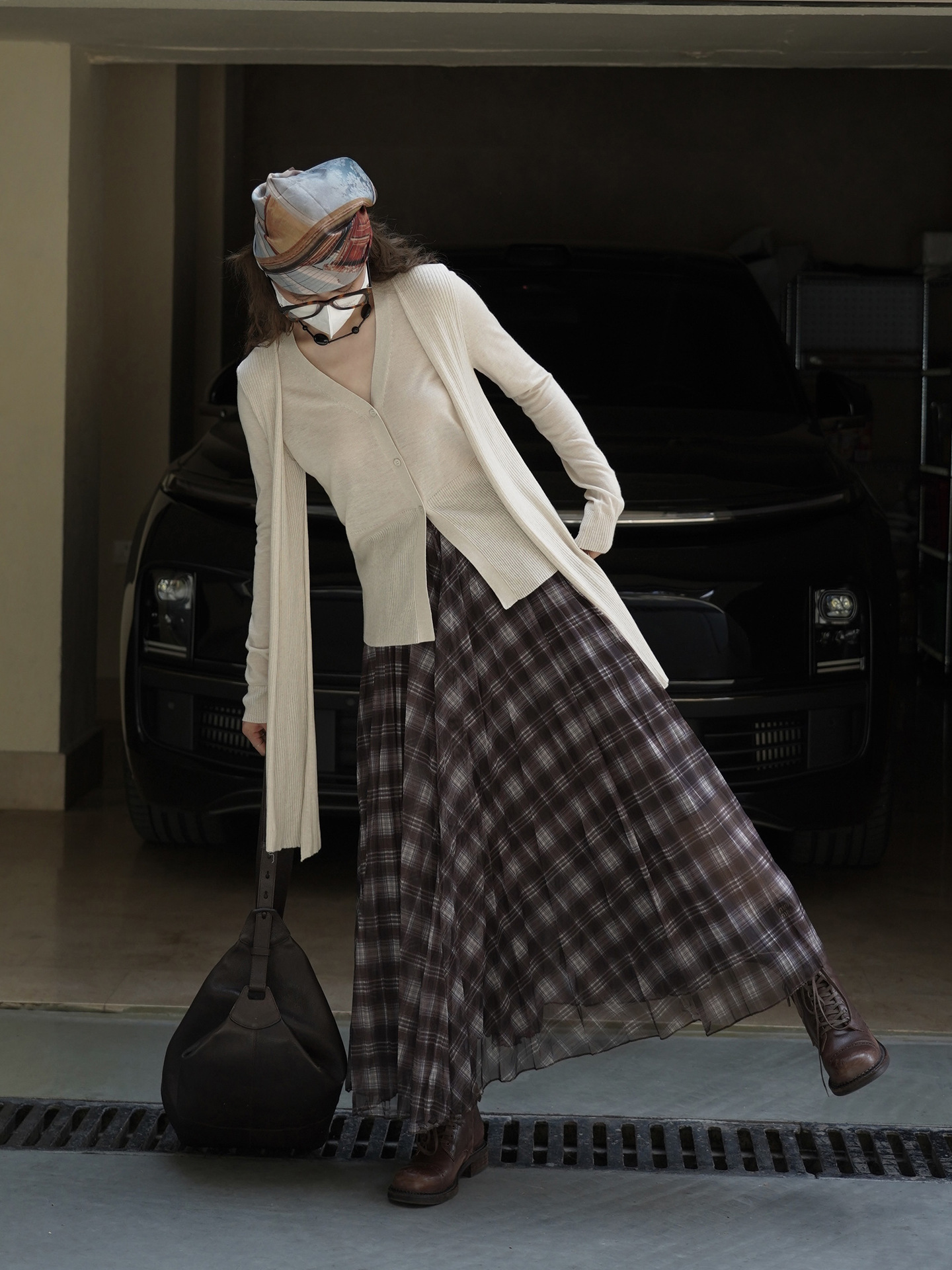 Women's French Vintage Plaid A-Line Long Skirt, Polyester Flared Midi Skirt for Fall