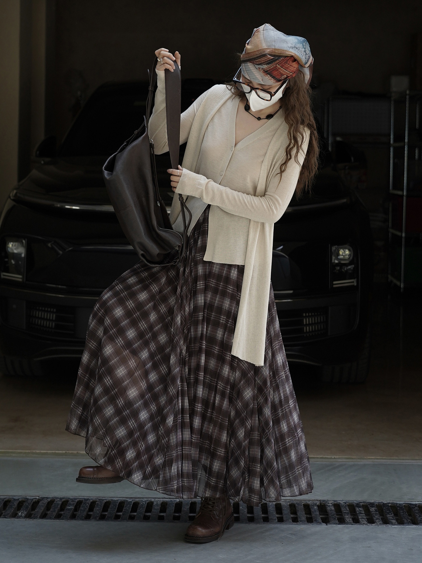 Women's French Vintage Plaid A-Line Long Skirt, Polyester Flared Midi Skirt for Fall