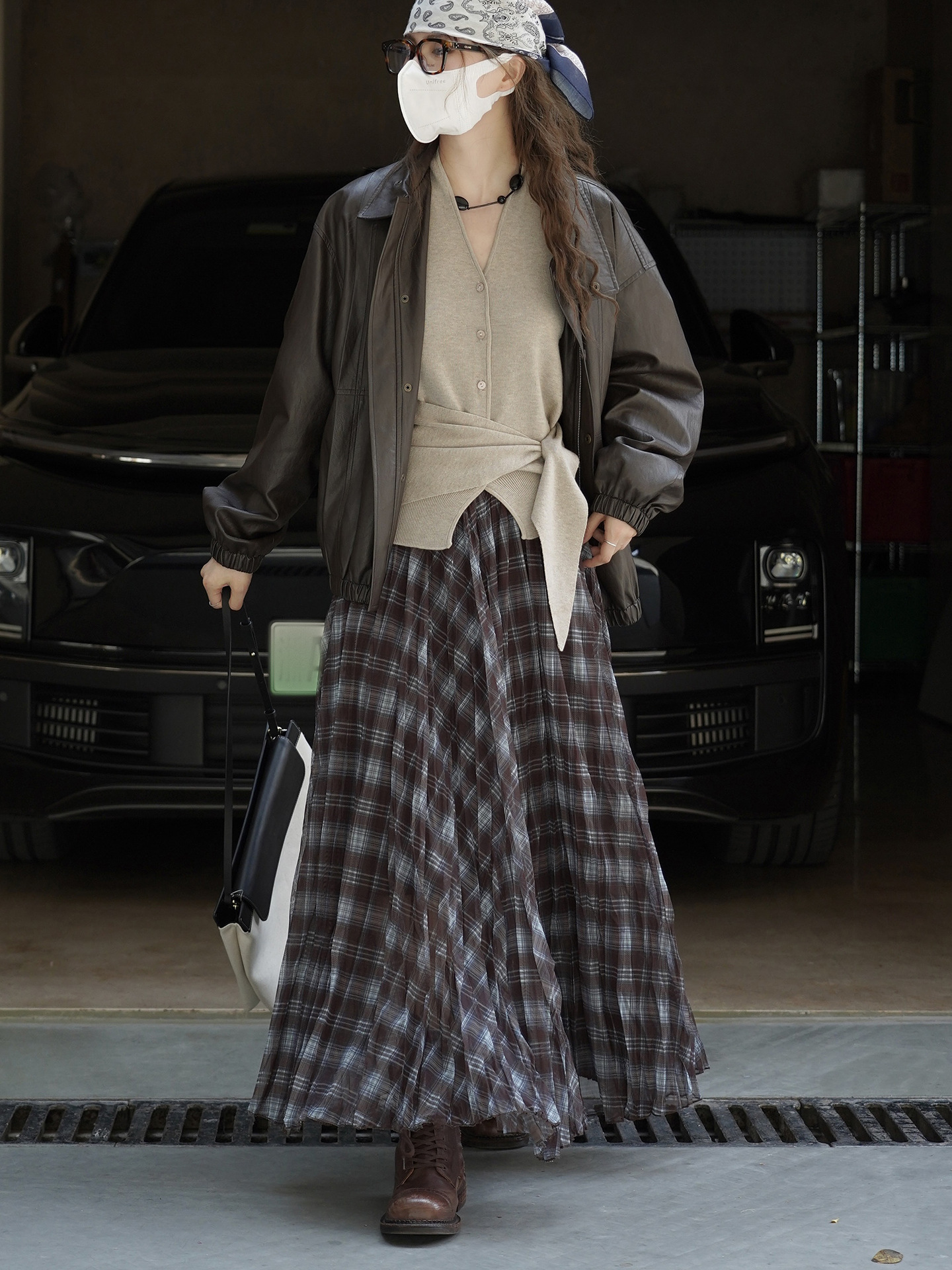 Women's French Vintage Plaid A-Line Long Skirt, Polyester Flared Midi Skirt for Fall