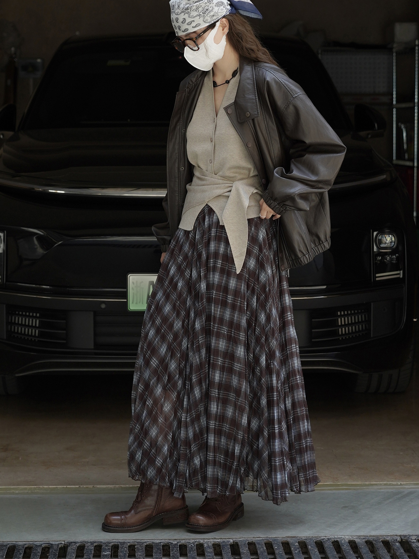 Women's French Vintage Plaid A-Line Long Skirt, Polyester Flared Midi Skirt for Fall