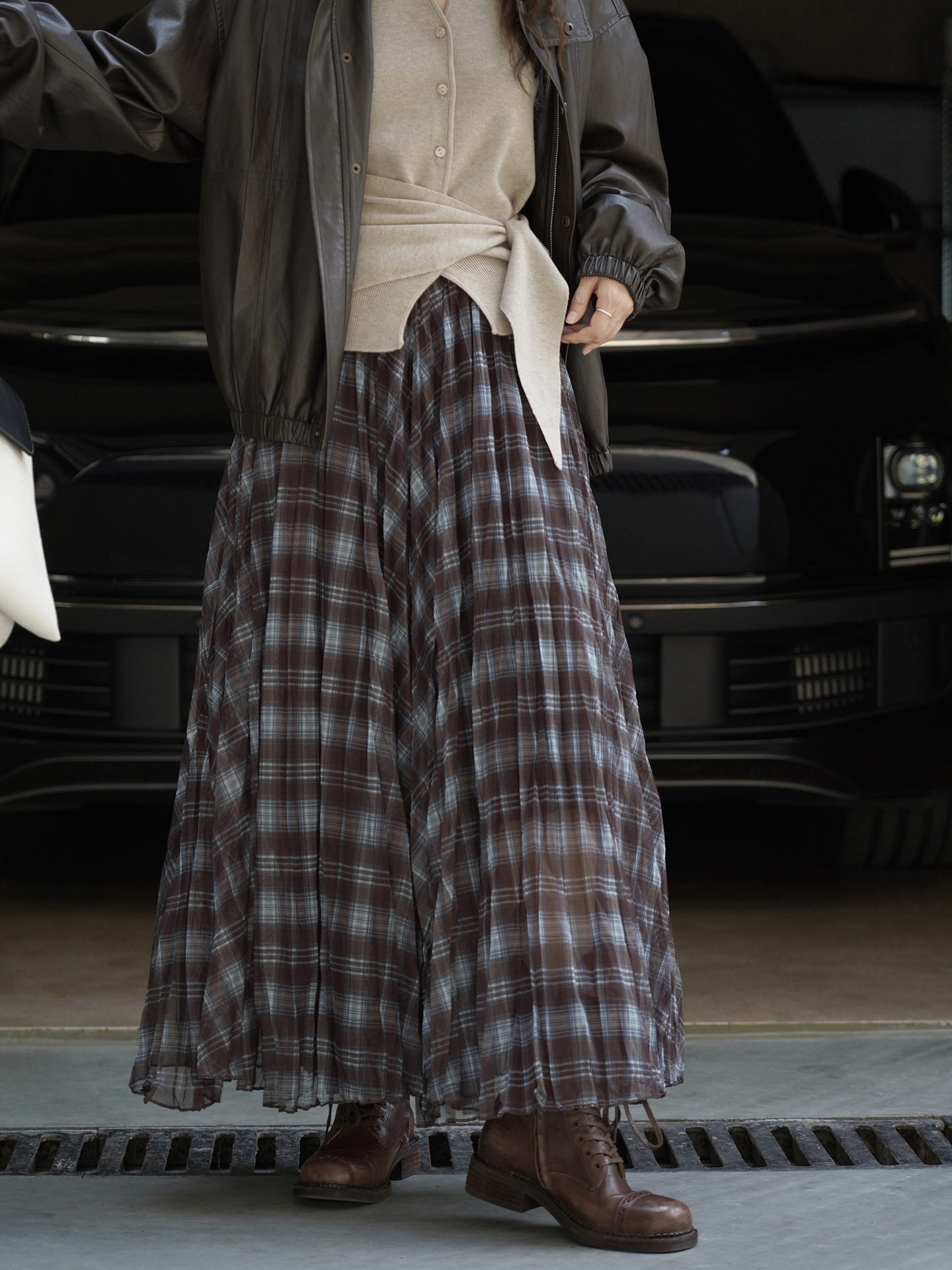 Women's French Vintage Plaid A-Line Long Skirt, Polyester Flared Midi Skirt for Fall