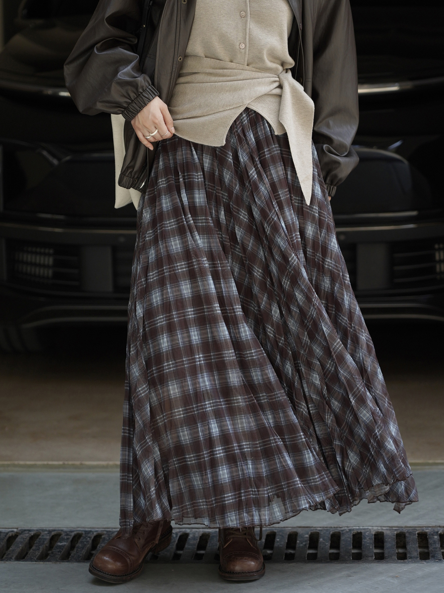 Women's French Vintage Plaid A-Line Long Skirt, Polyester Flared Midi Skirt for Fall