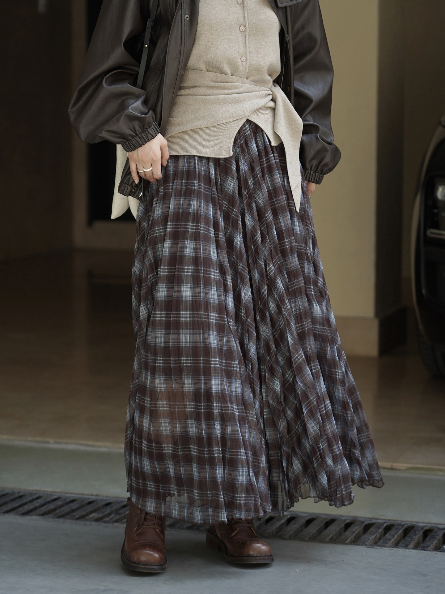 Women's French Vintage Plaid A-Line Long Skirt, Polyester Flared Midi Skirt for Fall
