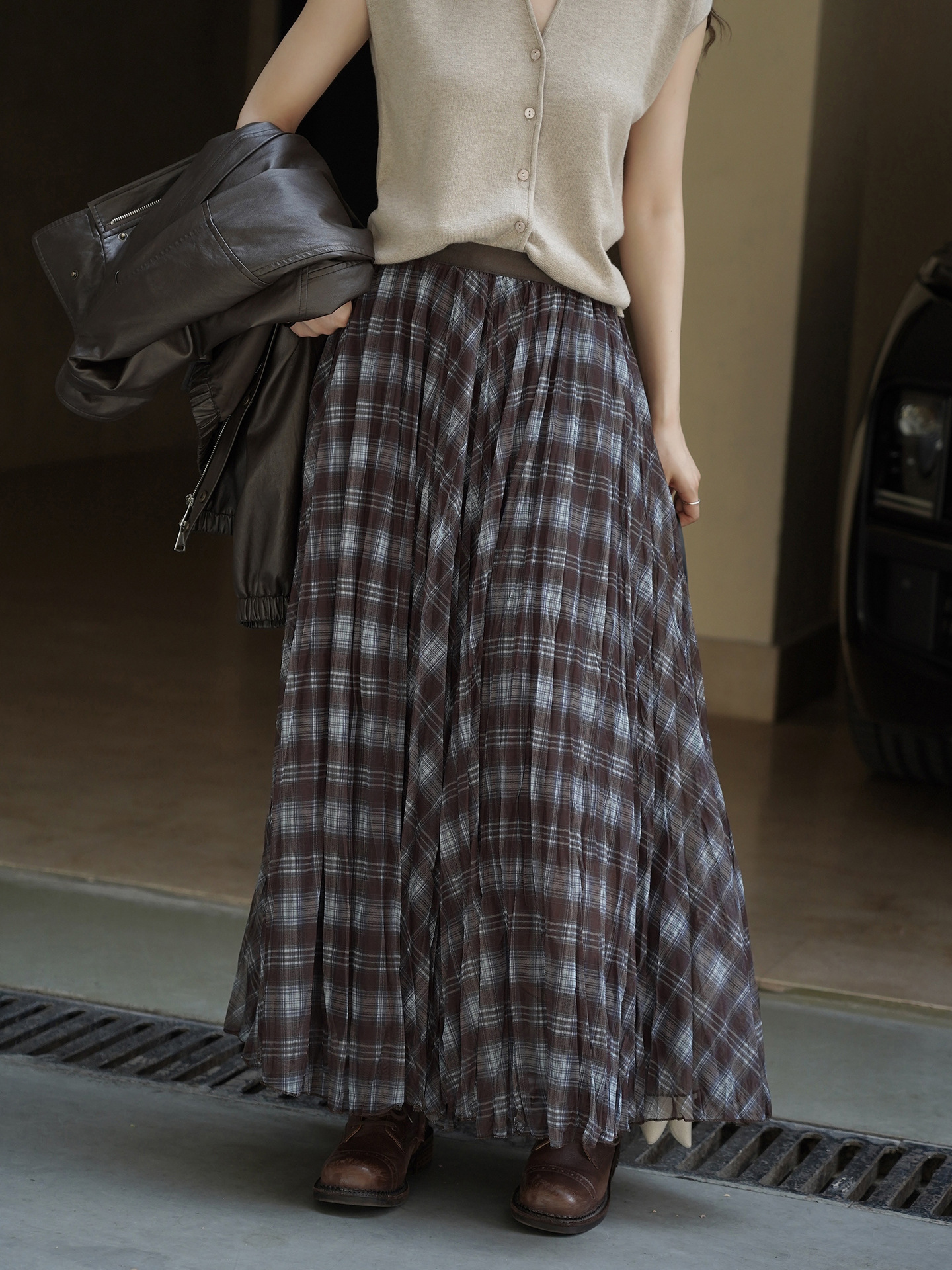 Women's French Vintage Plaid A-Line Long Skirt, Polyester Flared Midi Skirt for Fall