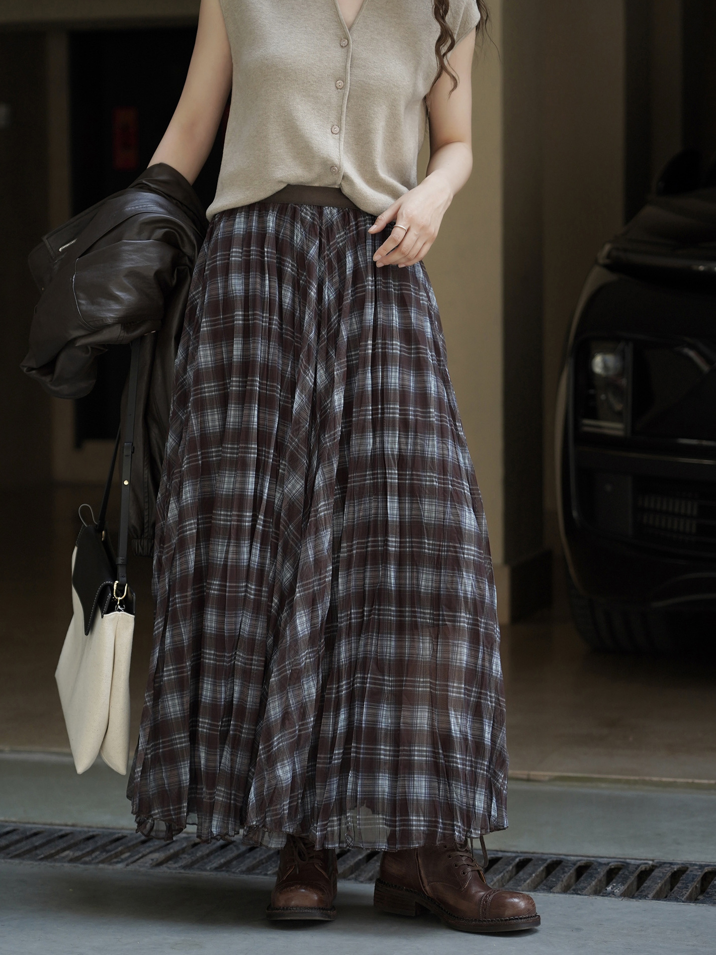 Women's French Vintage Plaid A-Line Long Skirt, Polyester Flared Midi Skirt for Fall