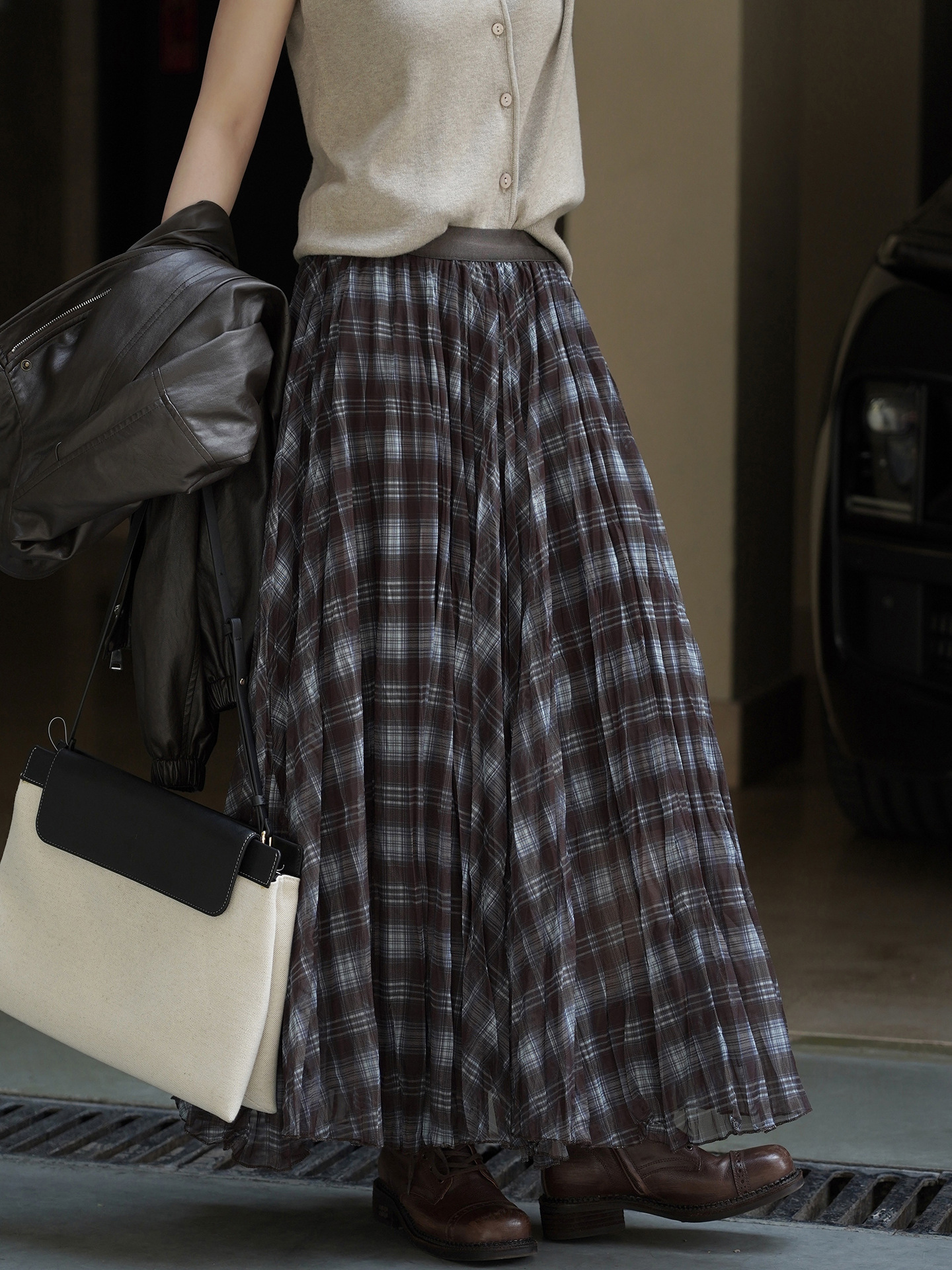 Women's French Vintage Plaid A-Line Long Skirt, Polyester Flared Midi Skirt for Fall