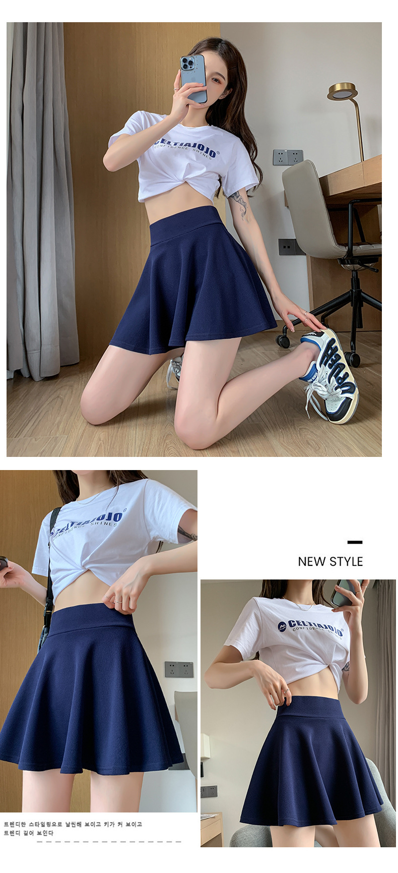 Skirt mini berlipat warna putih untuk wanita, skirt gelembung gaya A-line pinggang tinggi, gaya preppy yang manis.