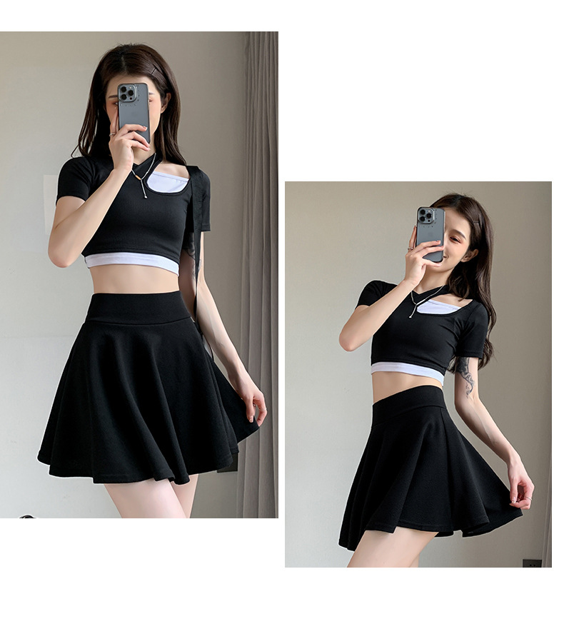 Skirt mini berlipat warna putih untuk wanita, skirt gelembung gaya A-line pinggang tinggi, gaya preppy yang manis.