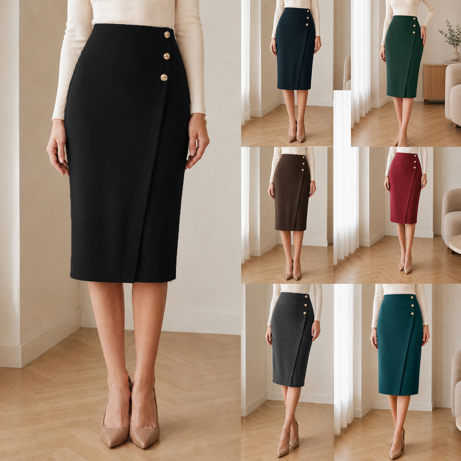 Women High Waist Straight A-Line Midi Skirt with Back Slit, Stretch Knit Casual Office Skirt