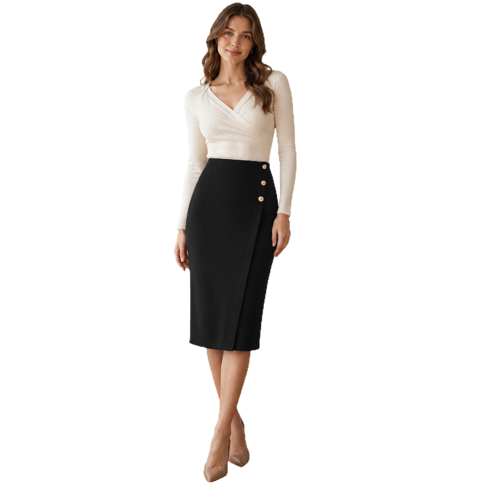 Women High Waist Straight A-Line Midi Skirt with Back Slit, Stretch Knit Casual Office Skirt