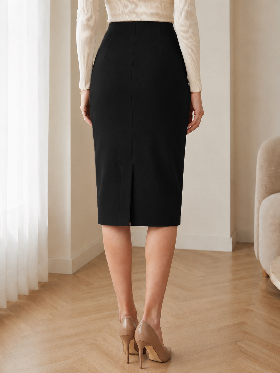 Women High Waist Straight A-Line Midi Skirt with Back Slit, Stretch Knit Casual Office Skirt