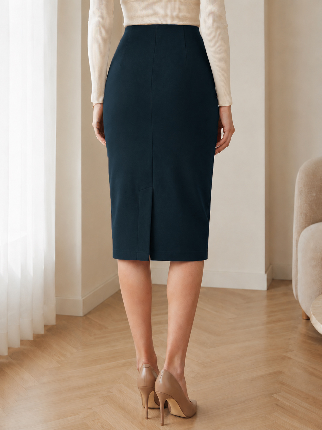 Women High Waist Straight A-Line Midi Skirt with Back Slit, Stretch Knit Casual Office Skirt