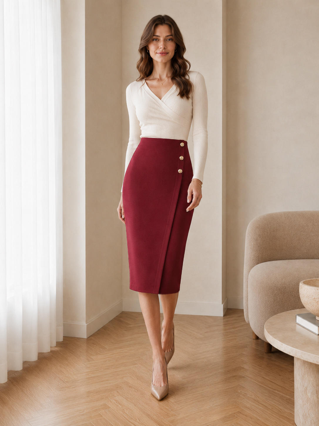 Women High Waist Straight A-Line Midi Skirt with Back Slit, Stretch Knit Casual Office Skirt