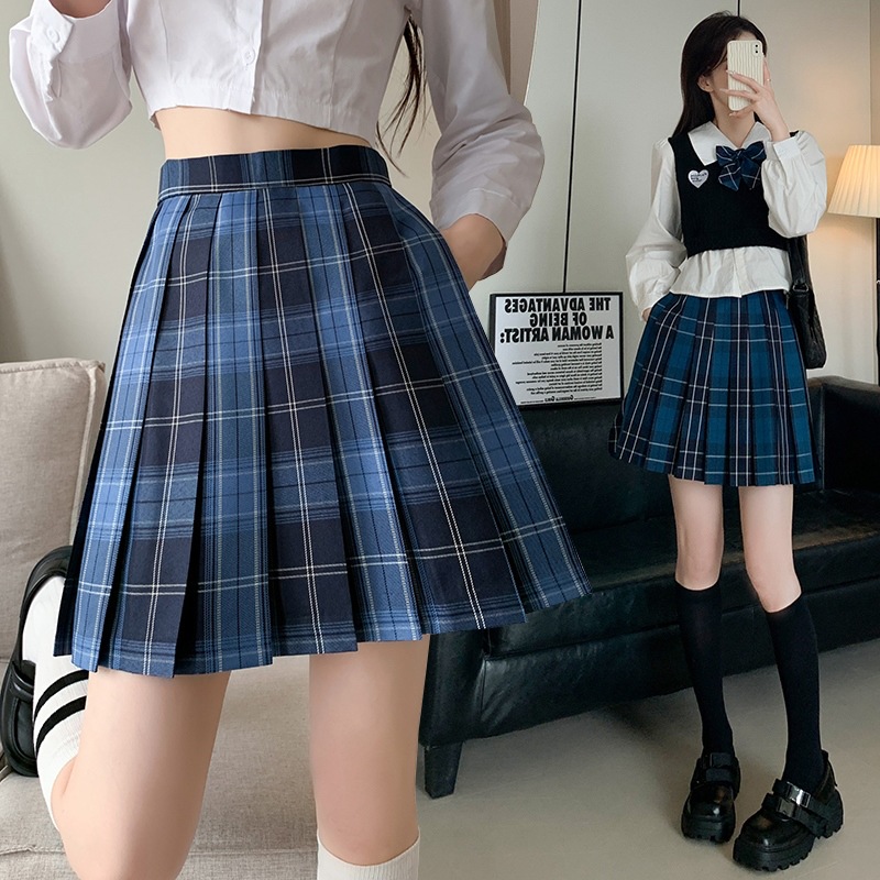 JK Pleated Plaid A-Line Mini Skirt, High Waist Preppy Style School Skirt for Women
