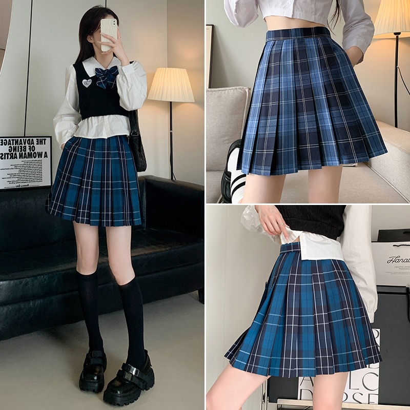 JK Pleated Plaid A-Line Mini Skirt, High Waist Preppy Style School Skirt for Women