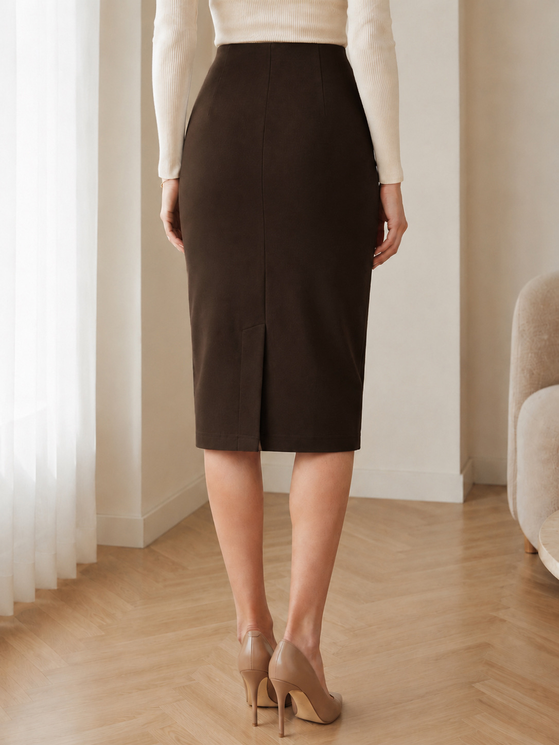 Women High Waist Straight A-Line Midi Skirt with Back Slit, Stretch Knit Casual Office Skirt