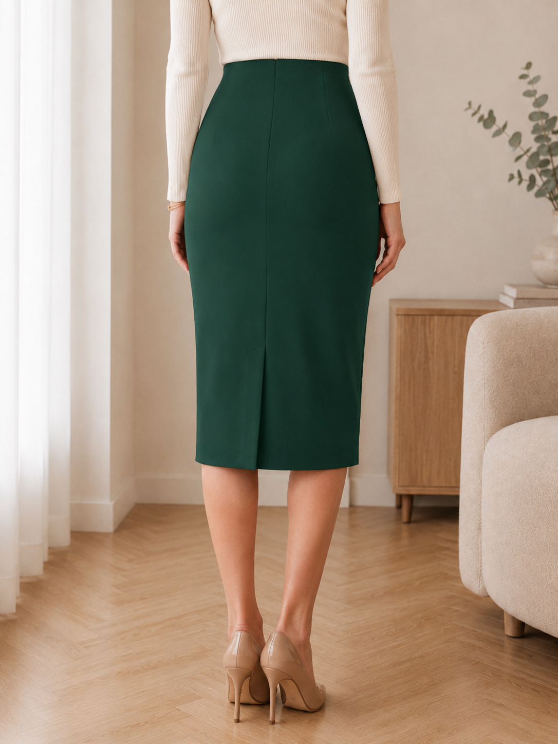 Women High Waist Straight A-Line Midi Skirt with Back Slit, Stretch Knit Casual Office Skirt