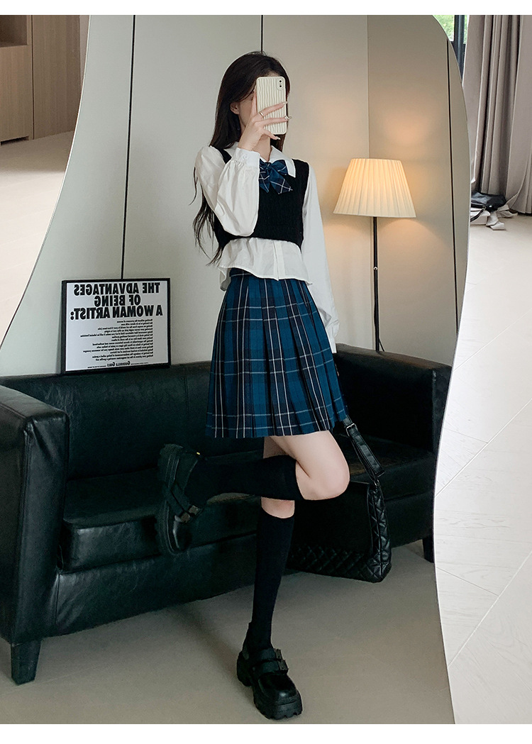 JK Pleated Plaid A-Line Mini Skirt, High Waist Preppy Style School Skirt for Women