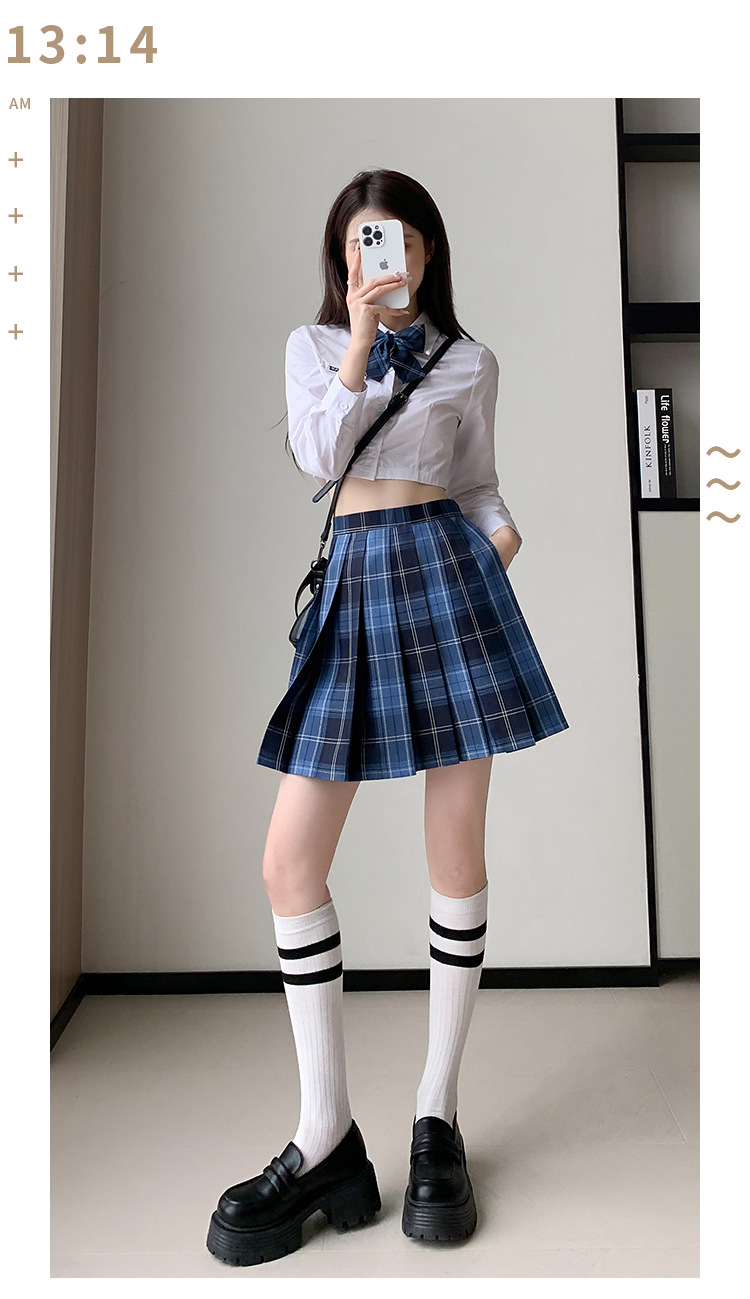 JK Pleated Plaid A-Line Mini Skirt, High Waist Preppy Style School Skirt for Women