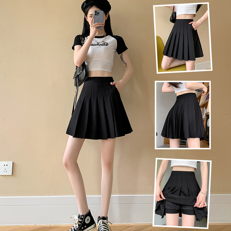 Black Pleated Mini Skirt for Women with Pockets, High Waist A-Line Short Skirt