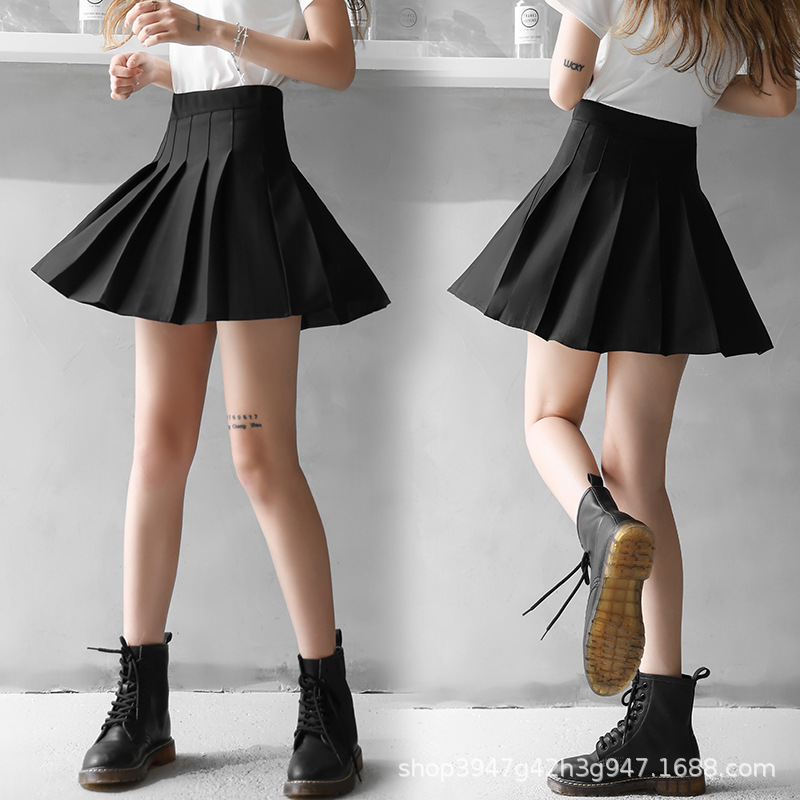Women High Waist A-Line Mini Skirt, Elastic Waist Pleated Solid Color Polyester Skirt