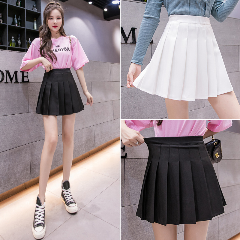 Women High Waist A-Line Mini Skirt, Elastic Waist Pleated Solid Color Polyester Skirt