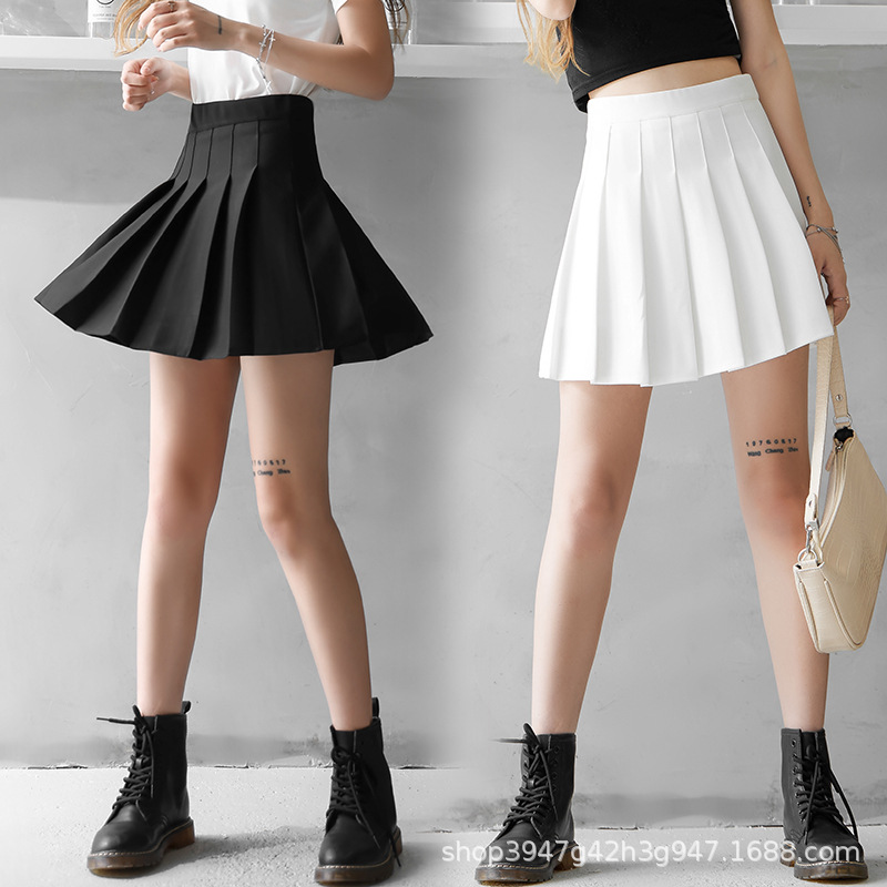 Women High Waist A-Line Mini Skirt, Elastic Waist Pleated Solid Color Polyester Skirt