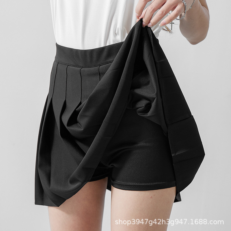 Women High Waist A-Line Mini Skirt, Elastic Waist Pleated Solid Color Polyester Skirt