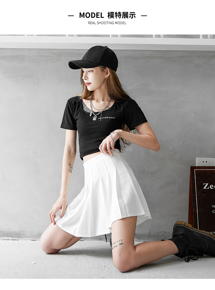 Women High Waist A-Line Mini Skirt, Elastic Waist Pleated Solid Color Polyester Skirt