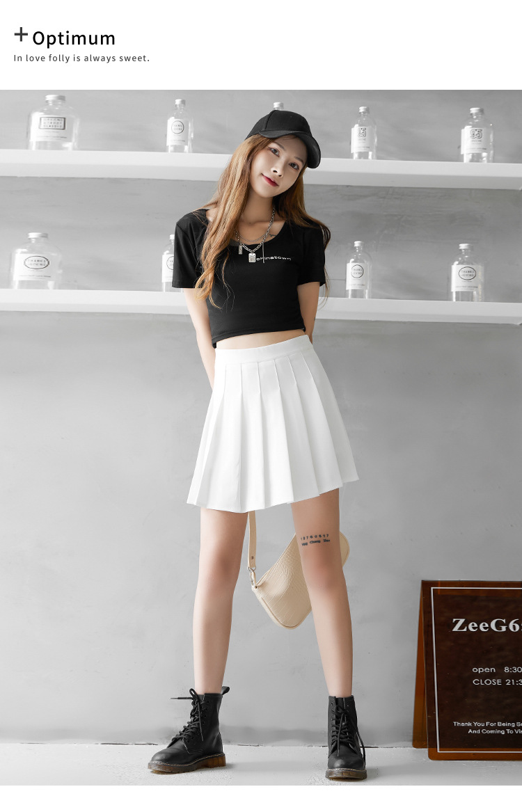 Women High Waist A-Line Mini Skirt, Elastic Waist Pleated Solid Color Polyester Skirt