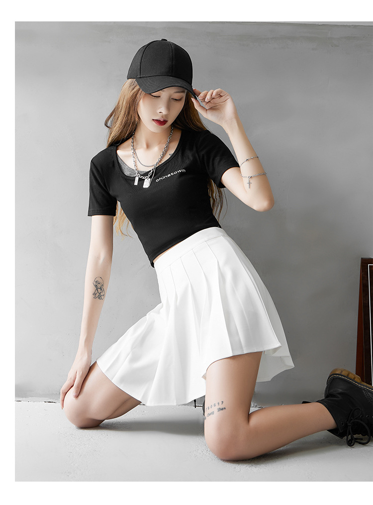 Women High Waist A-Line Mini Skirt, Elastic Waist Pleated Solid Color Polyester Skirt