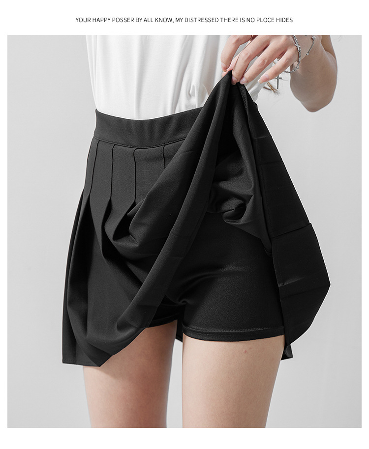 Women High Waist A-Line Mini Skirt, Elastic Waist Pleated Solid Color Polyester Skirt