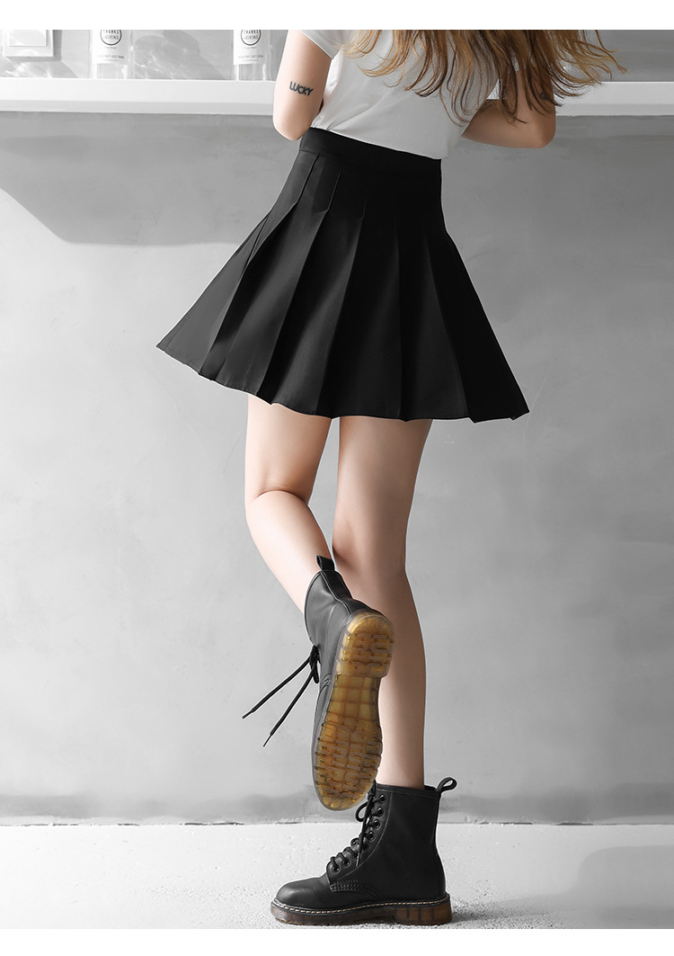 Women High Waist A-Line Mini Skirt, Elastic Waist Pleated Solid Color Polyester Skirt
