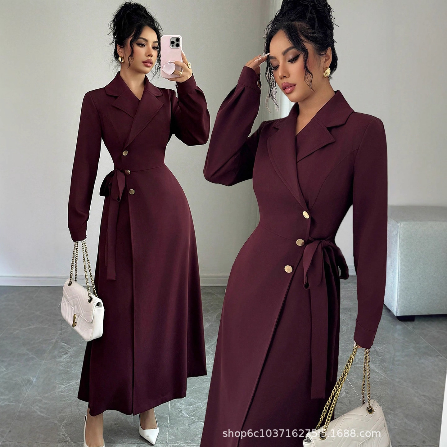 Women Long Sleeve Blazer Collar Belted Midi Dress, Solid Polyester Commuter Dress