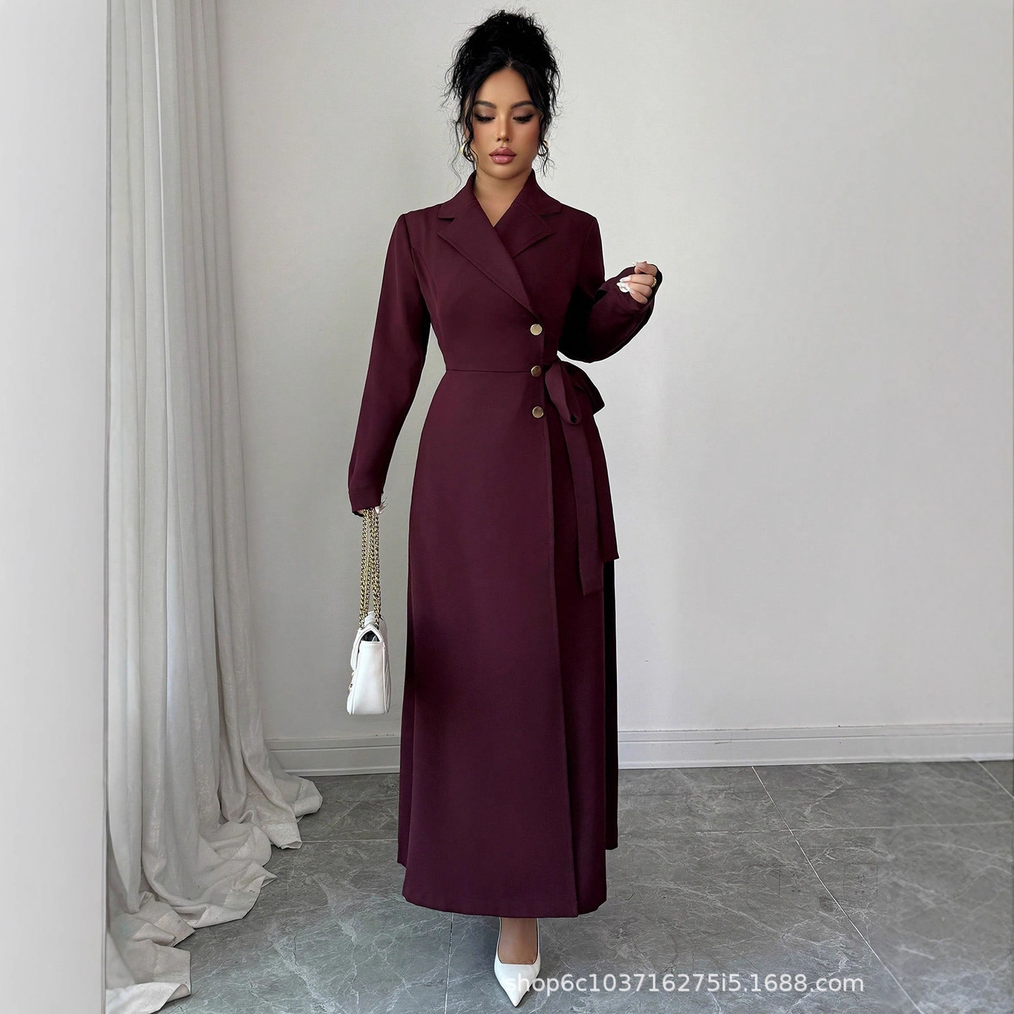 Women Long Sleeve Blazer Collar Belted Midi Dress, Solid Polyester Commuter Dress