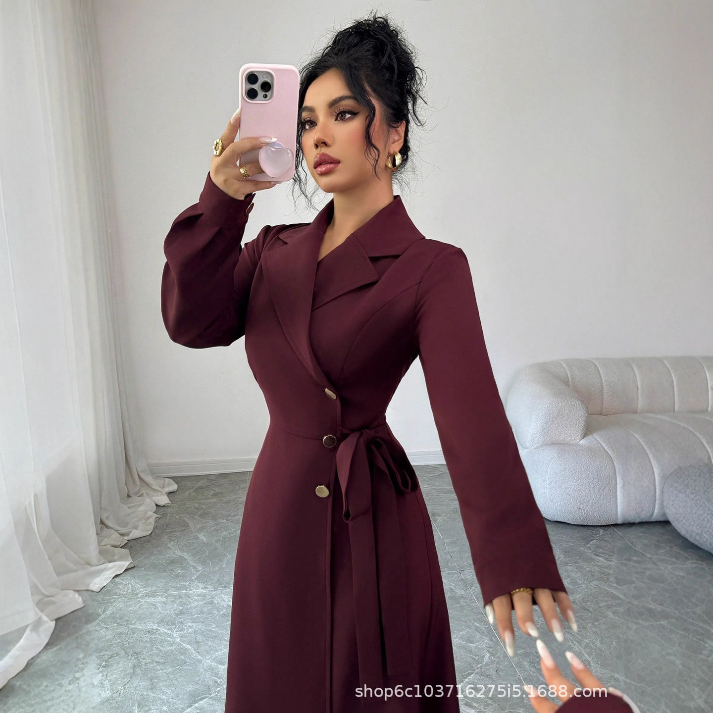 Women Long Sleeve Blazer Collar Belted Midi Dress, Solid Polyester Commuter Dress
