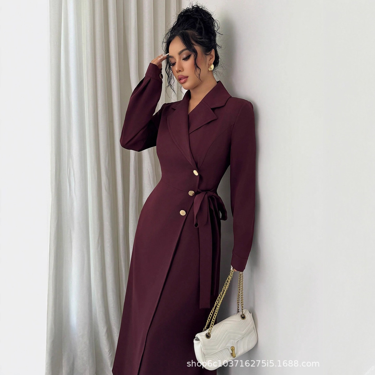Women Long Sleeve Blazer Collar Belted Midi Dress, Solid Polyester Commuter Dress