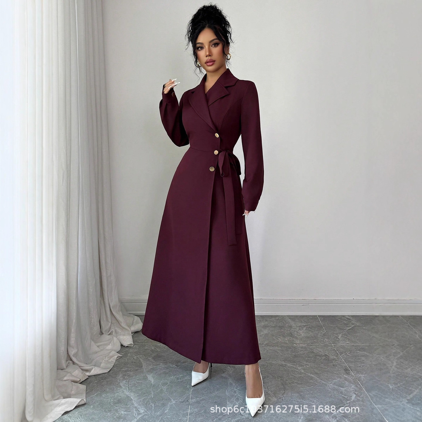 Women Long Sleeve Blazer Collar Belted Midi Dress, Solid Polyester Commuter Dress