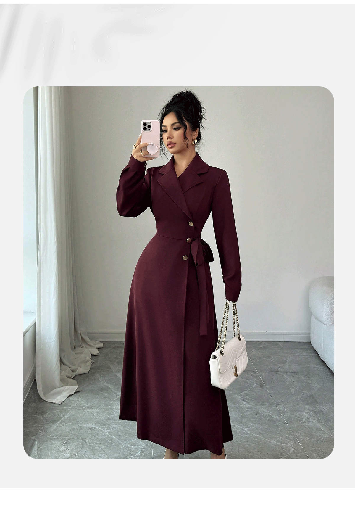Women Long Sleeve Blazer Collar Belted Midi Dress, Solid Polyester Commuter Dress