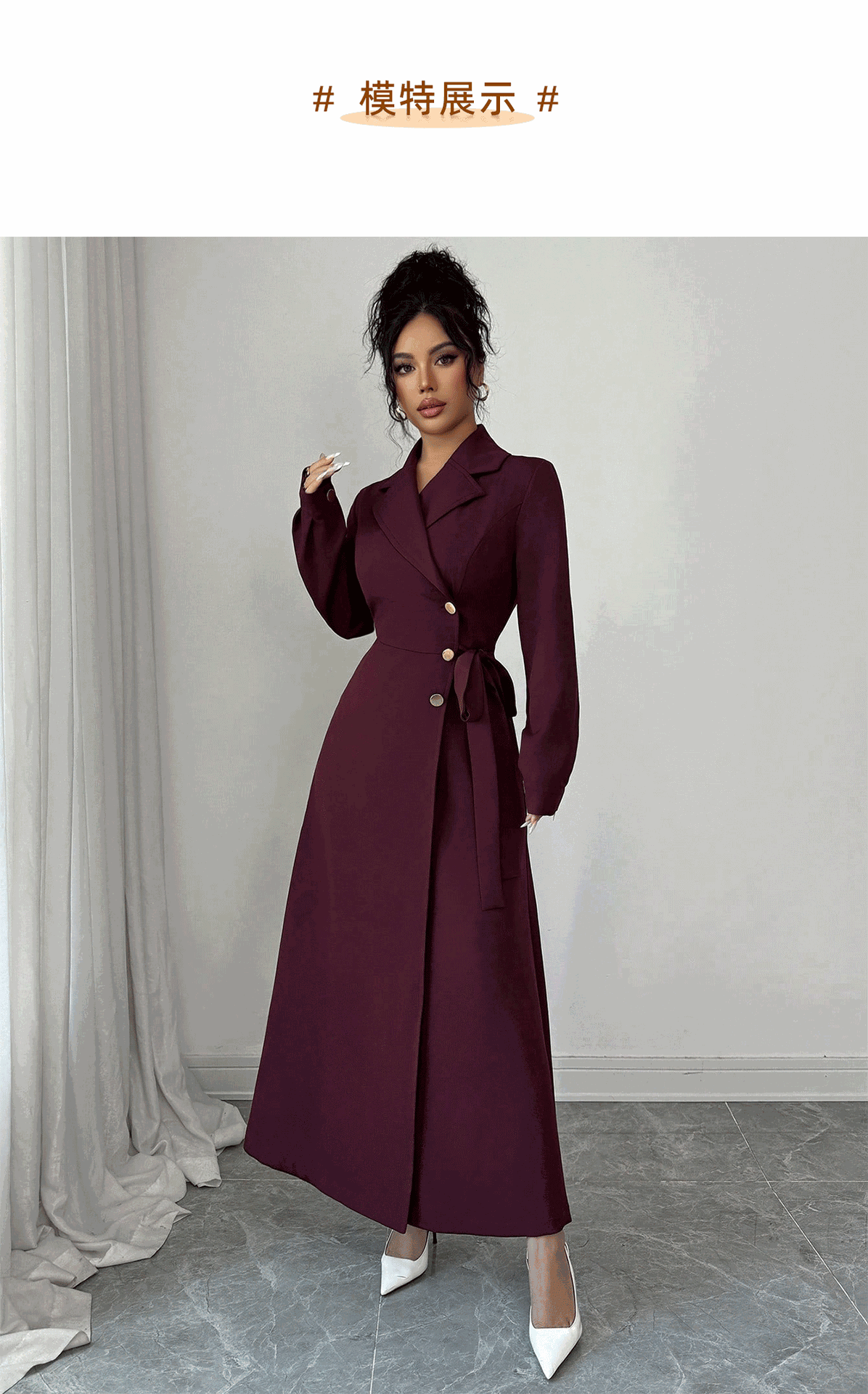 Women Long Sleeve Blazer Collar Belted Midi Dress, Solid Polyester Commuter Dress