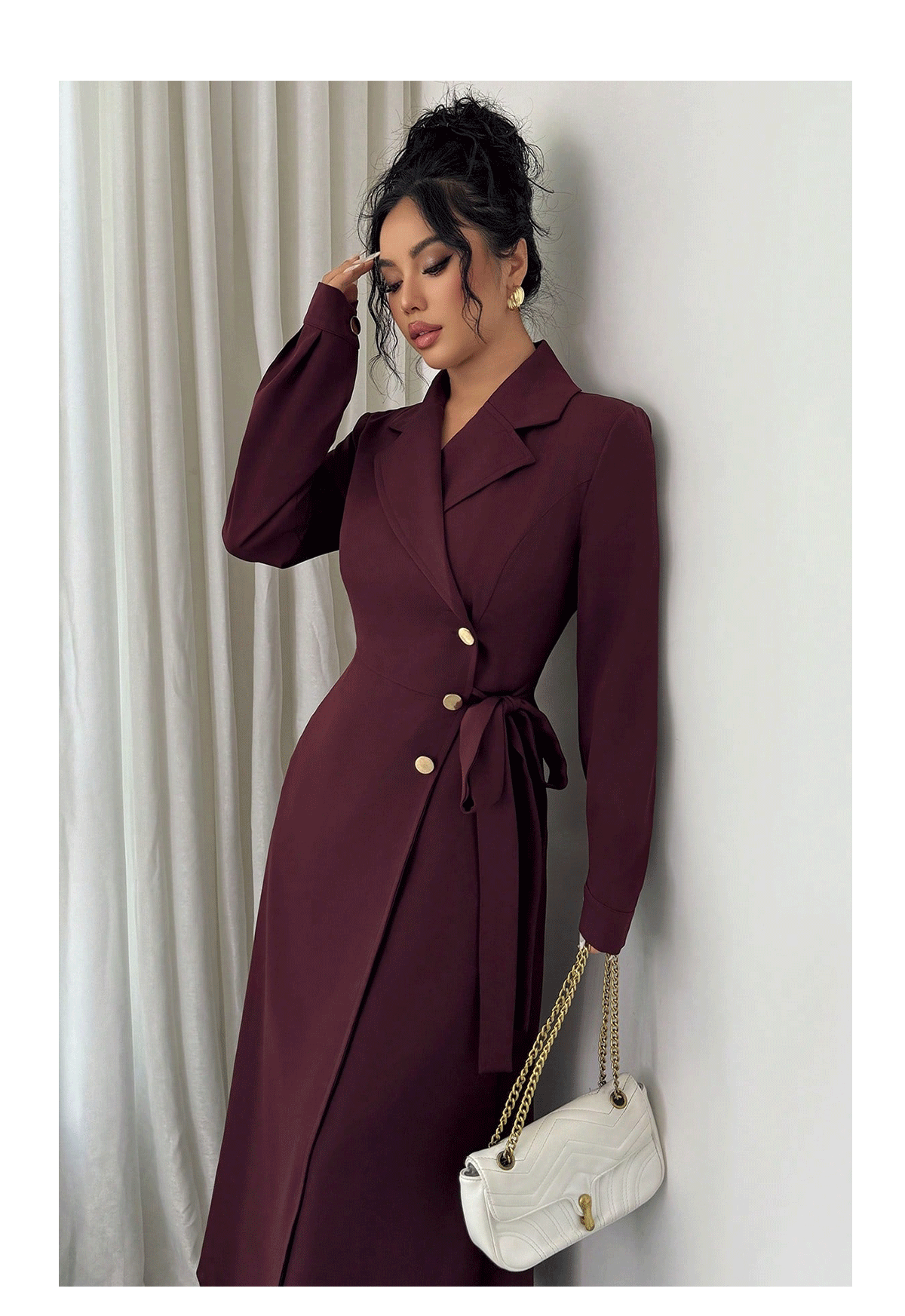 Women Long Sleeve Blazer Collar Belted Midi Dress, Solid Polyester Commuter Dress